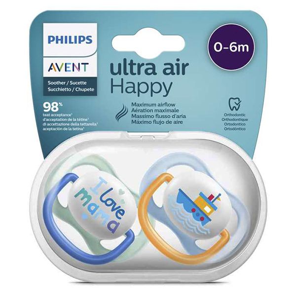 پستانک اونت اولترا ایر دو عددی مدل کشتی و لاو پاپا مناسب نوزاد ۰ تا ۶ ماه Philips Avent Ultra Air