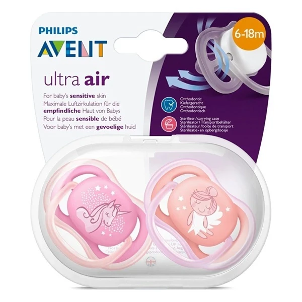 پستانک اونت اولترا ایر 6 تا 18ماه ۲عددی avent ultra air ارتدنسی فرشته و یونیکورن